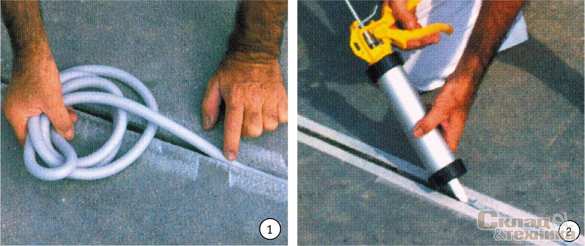 Операции герметизации швов: 1 – укладка уплотнительного шнура, 2 – заполнение герметиком